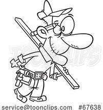 Cartoon Outline Senior Carpenter Carrying Lumber by Toonaday