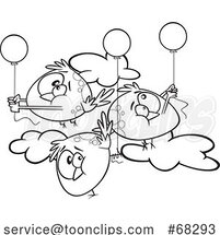 Black and White Cartoon Flock of Fat Birds with Balloons by Toonaday