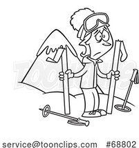 Clipart Cartoon Black and White Lady with Broken Skis by Toonaday