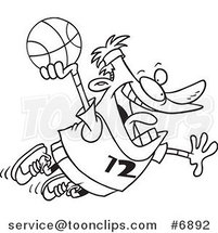 Cartoon Black and White Line Drawing of a Guy Making a Slam Dunk by Toonaday