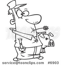 Cartoon Black and White Line Drawing of a Farmer Holding His Pig by Toonaday