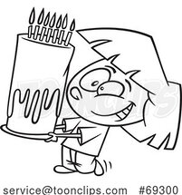 Cartoon Lineart Girl Carrying a Tall Birthday Cake by Toonaday