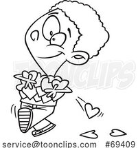 Cartoon Black and White Black Boy Holding an Armful of Valentines Day Love Hearts by Toonaday