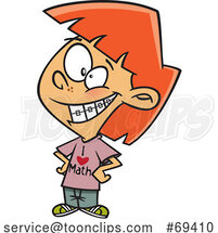 Cartoon Red Haired Girl with Braces Wearing a I Love Math Shirt by Toonaday
