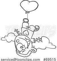 Cartoon Black and White Boy Floating Away with a Heart Balloon by Toonaday