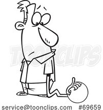 Cartoon Black and White Guy with a Long Arm Grabbing a Bowling Ball by Toonaday