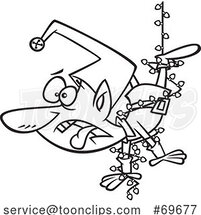 Cartoon Black and White Elf Tangled in Christmas Lights by Toonaday