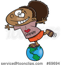 Cartoon Girl Wearing an I Love Geography Shirt and Balancing on a Globe by Toonaday