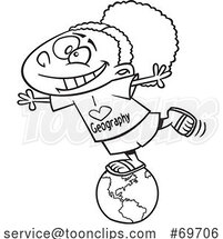 Cartoon Girl Wearing an I Love Geography Shirt and Balancing on a Globe by Toonaday