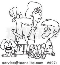Cartoon Black and White Line Drawing of a Pleasant Family by Toonaday