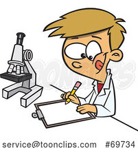 Cartoon Boy Taking Notes by a Microscope by Toonaday