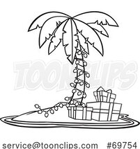 Black and White Outline Cartoon Christmas Island with a Palm Tree and Gifts by Toonaday
