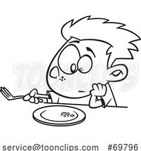 Black and White Outline Cartoon Boy Staring at the Last Bite of Food on His Plate by Toonaday