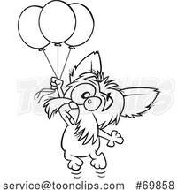Black and White Outline Cartoon Birthday Pup Floating with Balloons by Toonaday