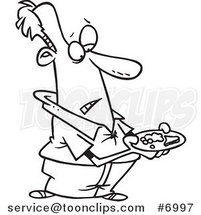 Cartoon Black and White Line Drawing of a Guy Carrying a Meager Dinner Plate by Toonaday