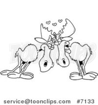 Cartoon Black and White Line Drawing of a Moose Pair in Love by Toonaday