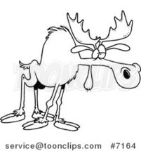 Cartoon Black and White Line Drawing of a Tired Moose by Toonaday