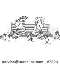 Cartoon Black and White Line Drawing of a Senior Couple Feeding Birds by Toonaday