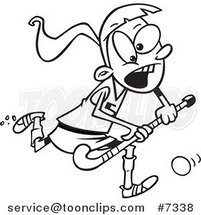 Cartoon Black and White Line Drawing of a Girl Playing Field Hockey by Toonaday