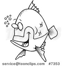 Cartoon Black and White Line Drawing of a Happy Fish with Bubbles by Toonaday