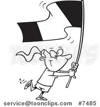 Cartoon Black and White Line Drawing of a Flag Bearer Girl Walking by Toonaday