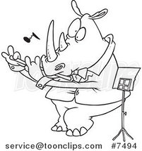 Cartoon Black and White Line Drawing of a Flautist Rhino by Toonaday