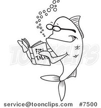 Cartoon Black and White Line Drawing of a Fish Reading a Story Book by Toonaday