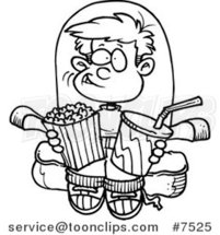 Cartoon Black and White Line Drawing of a Boy with Movie Snacks by Toonaday