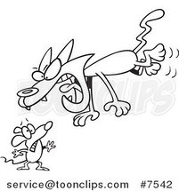 Cartoon Black and White Line Drawing of a Cat Attacking a Mouse by Toonaday