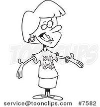 Cartoon Black and White Line Drawing of a Mother Wearing a Number One Mom Shirt by Toonaday