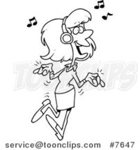 Cartoon Black and White Line Drawing of a Lady Dancing and Listening to Music by Toonaday