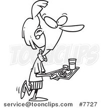 Cartoon Black and White Line Drawing of a Lady Carrying Cafeteria Food by Toonaday
