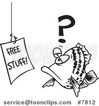 Cartoon Black and White Line Drawing of a Fish Staring at a Free Stuff Sign by Toonaday