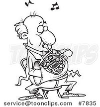 Cartoon Black and White Line Drawing of a Guy Blowing into a French Horn by Toonaday