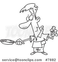 Cartoon Black and White Line Drawing of a Guy Wearing an Apron and Cooking Eggs by Toonaday
