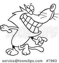Cartoon Black and White Line Drawing of a Cat Looking Back and Grinning by Toonaday