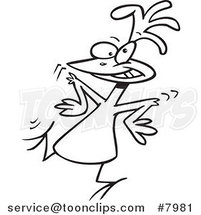 Cartoon Black and White Line Drawing of a Chicken Dancing by Toonaday