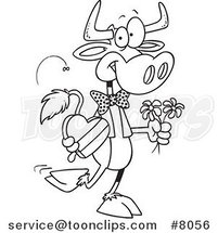 Cartoon Black and White Line Drawing of a Romantic Cow by Toonaday