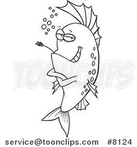 Cartoon Black and White Line Drawing of a Cool Fish Chewing on Straw by Toonaday