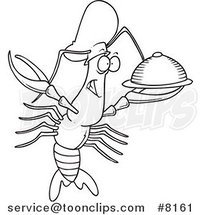 Cartoon Black and White Line Drawing of a Chef Crawdad Holding a Platter by Toonaday