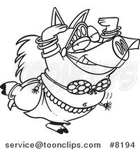 Cartoon Black and White Line Drawing of a Belly Dancing Pig by Toonaday