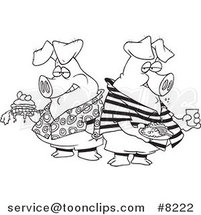 Cartoon Black and White Line Drawing of Two Hogs Pigging out by Toonaday