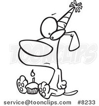Cartoon Black and White Line Drawing of a Lonely Birthday Dog with a Cupcake by Toonaday