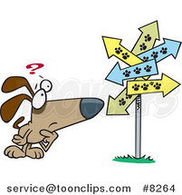 Cartoon Lost Dog Staring at Paw Print Signs by Toonaday