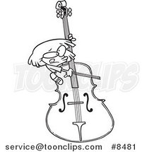 Cartoon Black and White Line Drawing of a Girl Playing a Giant Bass by Toonaday