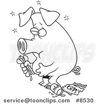 Cartoon Black and White Line Drawing of a Stuffed Pig Eating Junk Food by Toonaday