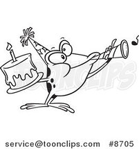 Cartoon Black and White Line Drawing of a Birthday Frog Holding a Cake and Using a Noise Maker by Toonaday