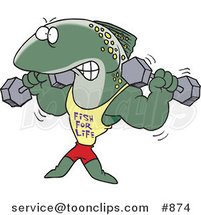 Cartoon Strong Fish Lifting Weights and Wearing a Fish for Life Shirt by Toonaday