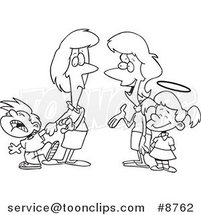 Cartoon Black and White Line Drawing of Mothers with Contrasting Kids by Toonaday