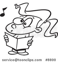 Cartoon Black and White Line Drawing of a Choir Girl Singing by Toonaday